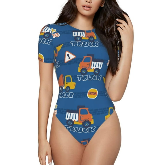 Gaeub Construction Vehicles Women'S Short Sleeve One Piece Swimsuit Sexy High-Waisted Bodysuit For Swimming, Beach, Sports - Medium