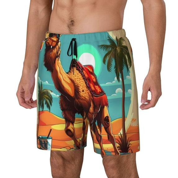 Gaeub Cool Camel Oasis Vibes Print Mens Swim Trunks with Compression Liner,Board Shorts Quick Dry,Beach Swimwear with Pockets-X-Large