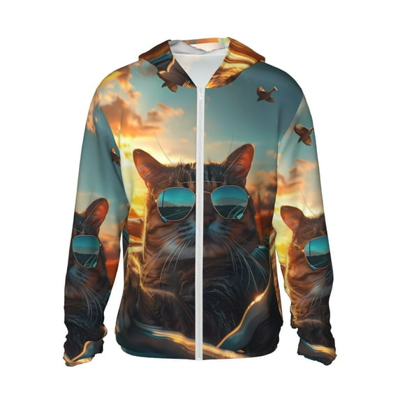 Gaeub Cool Cat Driving Sunset Men's and Women's UPF 50+ Long-Sleeved Sun Protection Clothing, Fishing Shirt Long Sleeve Zip-Small