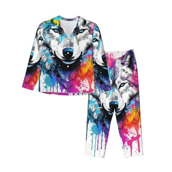 Gaeub Cool Colorful Wolf Women' Long-Sleeve Shirt and Full-Length Bottom Pajama Set Loungewear Soft Pjs Sleepwear Set-Medium