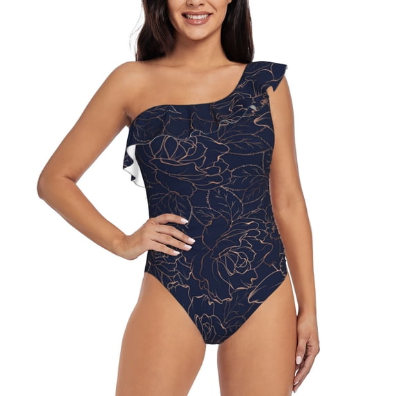 Gaeub Copper-Gold Gloss Outline Navy Dark Blue Women's One Shoulder Ruffle Tummy Control Swimwear for Swimming Surfing Beach Party - XX-Large