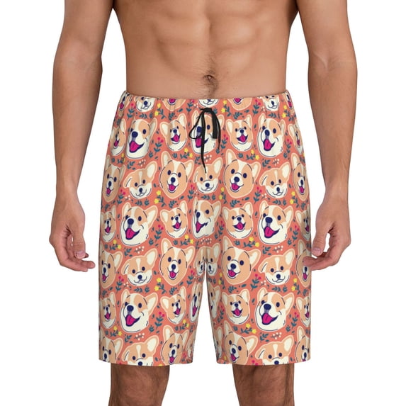 Gaeub Corgi Head with Floal Printed Men's Short Pajama Pants, Lightweight Lounge & Sleep Bottoms Keep You Cool - Small