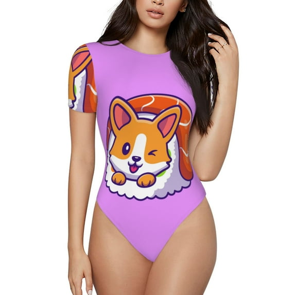 Gaeub Corgi In Sushi Roll Women'S Short Sleeve One Piece Swimsuit Sexy High-Waisted Bodysuit For Swimming, Beach, Sports - Xx-Large