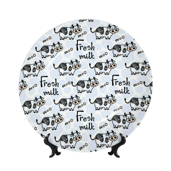 Gaeub Cow With Fresh Milk Print Ceramic Plate,Dinner Plates,Bone China Decorative Plates with Display Stand,Art Ceramic Ornaments for Wall Hanging Decoration-6in