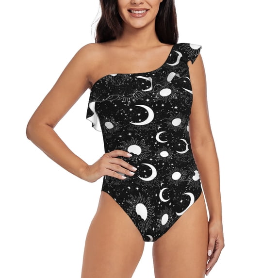 Gaeub Crescent and Stars Women's One Shoulder Ruffle Tummy Control Swimwear for Swimming Surfing Beach Party - Medium