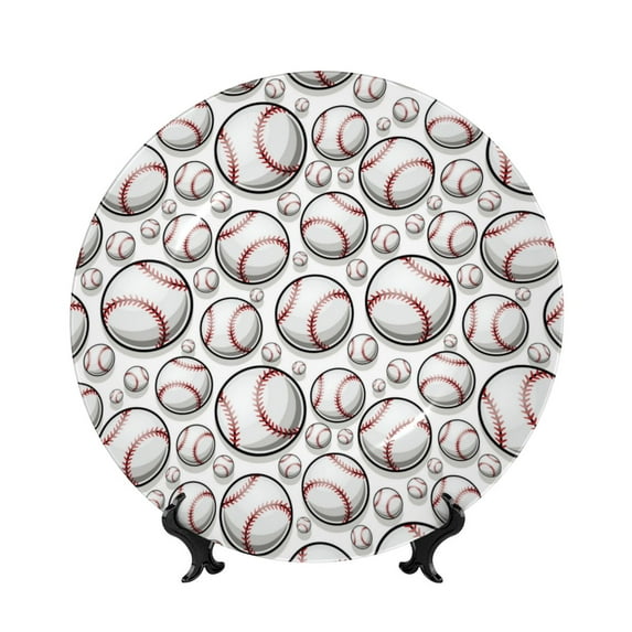Gaeub Cute Baseball Print Ceramic Plate,Dinner Plates,Bone China Decorative Plates with Display Stand,Art Ceramic Ornaments for Wall Hanging Decoration-6in