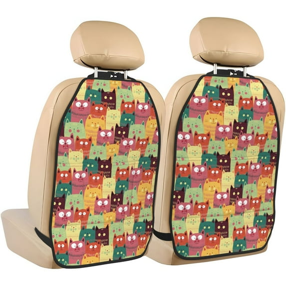 Gaeub Cute Cartoon Cat Print Anti-Kick Storage Mat for Car Seats 2 Pcs, Car Kick Mats with 3 Pocket Protector, Essential Car Seat Protector for Child Car Seat,Car Seat Protector