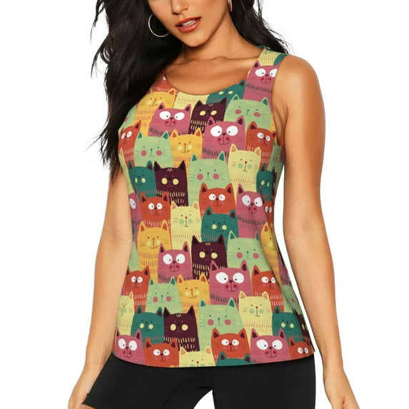 Gaeub Cute Cartoon Cat Women's Workout Tank Tops Lightweight Sleeveless Shirts for Women for Athletic Running Tennis Yoga - X-Large