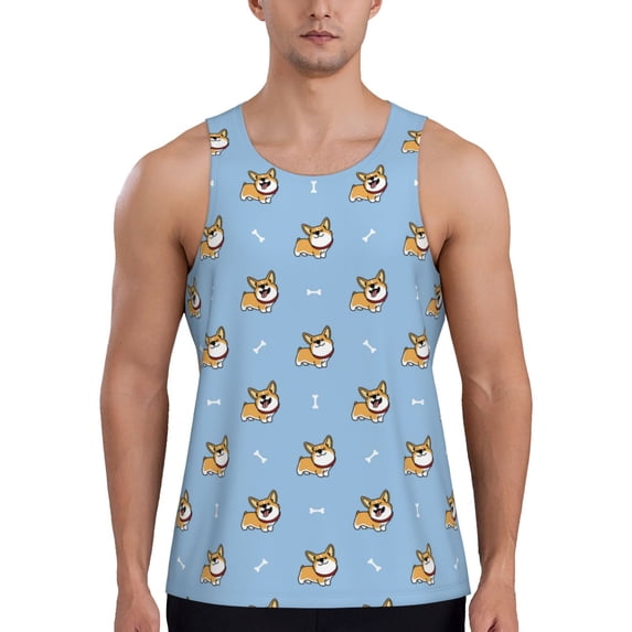 Gaeub Cute Cartoon Corgi Men's Athletic Tank Top, Workout Sleeveless Shirts, Running Tank Tops for Gym, Running, Training - XX-Large