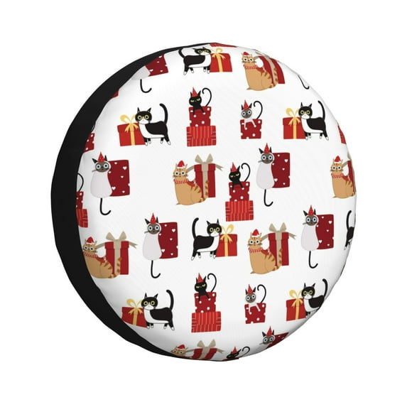 Gaeub Cute Cat And Christmas Gift 14-17in Tire Cover, Spare Tire Cover, for Camper Caravan, Trailer, Car, Truck, SUV, Jeep - 15 inch