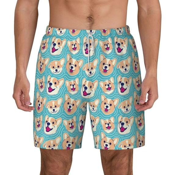 Gaeub Cute Corgi Head Mens Swim Trunks Stretch Beach Shorts Quick Dry for Men Swim Shorts Swimwear with Pockets- Medium