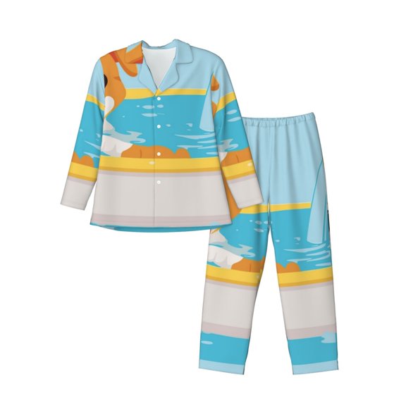 Gaeub Cute Dog In Bath Print Mens Pajama Set, Long Sleeve Pajamas for men,Lightweight Button Up Sleepwear,Lounge Pjs Set with Pockets-Medium