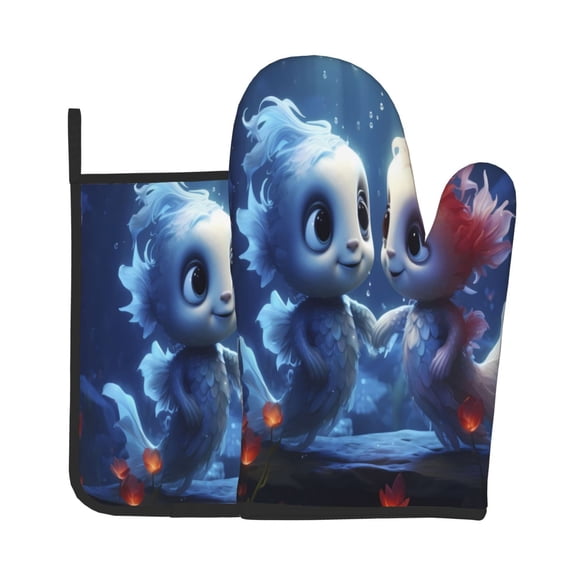 Gaeub Cute Fish Flower Couple Print Oven Mitts and Pot Holders Sets of 2,Heat Resistant Pad,Cooking Gloves, for Baking BBQ Home Decor