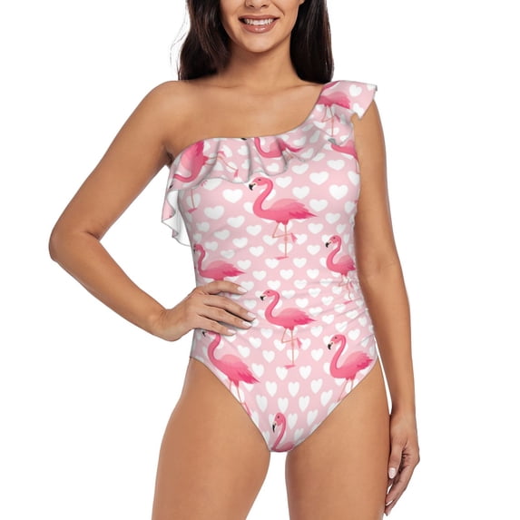 Gaeub Cute Flamingo with Heart Women's One Shoulder Ruffle Tummy Control Swimwear for Swimming Surfing Beach Party - Medium