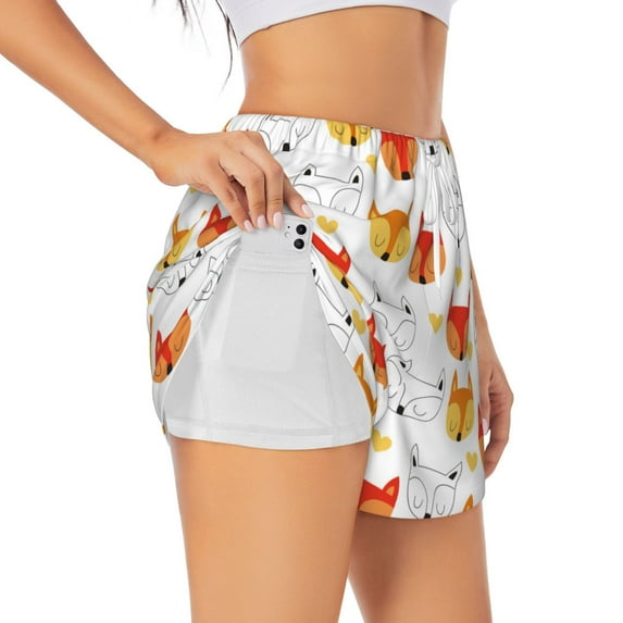 Gaeub Cute Fox with Heart Print Women's Athletic Shorts,High Waisted Running Shorts,Pocket Sporty Short,Gym Elastic Workout Shorts-Small