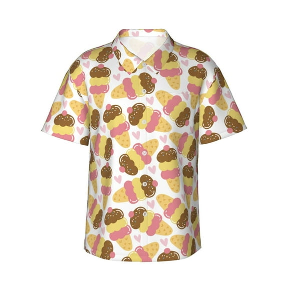 Gaeub Cute Ice Cream Print Men's Hawaiian Shirt,Button Down Short Sleeves Shirts,Tropical Beach Casual Button Down Shirts,3X-Large