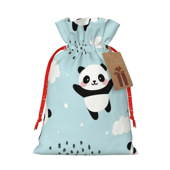 Gaeub Cute Panda Bear Print Christmas Burlap Bags with Drawstring, Burlap Gift Bags,Christmas Linen Treat Sacks,Gift Wrapping Bags,Xmas Holiday Party Favors Bags-Small