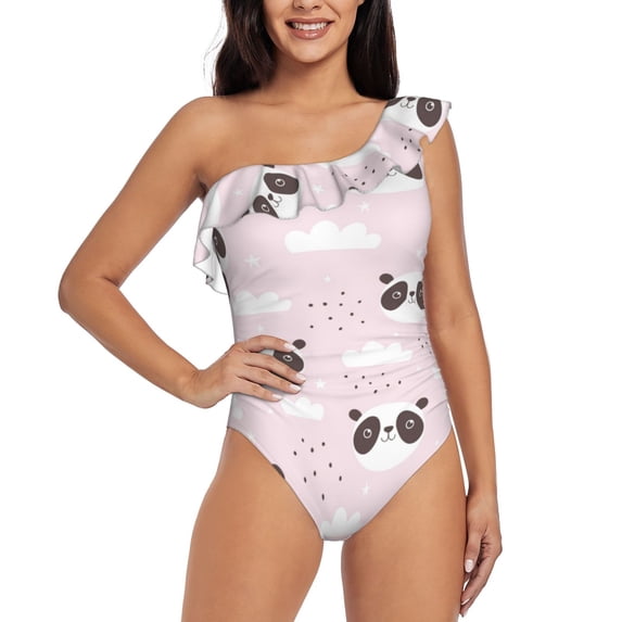 Gaeub Cute Panda Women's One Shoulder Ruffle Tummy Control Swimwear for Swimming Surfing Beach Party - Large