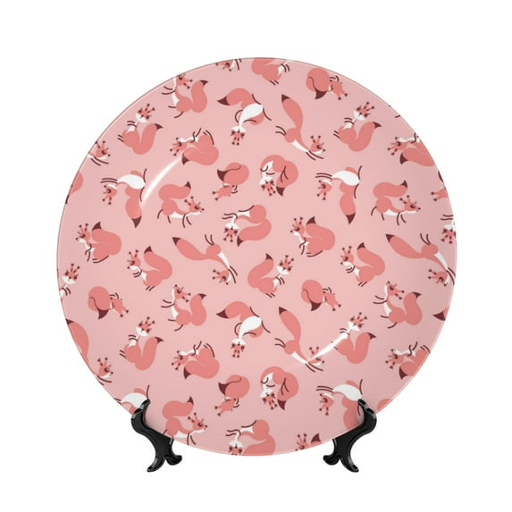 Gaeub Cute Pink Squirrel Print Ceramic Plate,Dinner Plates,Bone China Decorative Plates with Display Stand,Art Ceramic Ornaments for Wall Hanging Decoration-8in