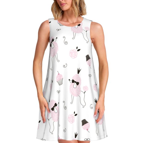 Gaeub Cute Poodle Dog Print Women's Sleeveless Dresses,Beach Casual Tank Loose Sundress,A Line Beach Dresses with Pockets,Womens Summer Maxi Dress