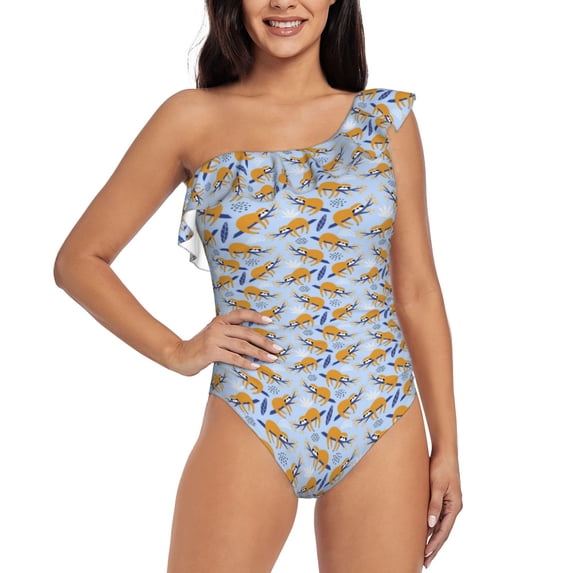 Gaeub Cute Sloth Women's One Shoulder Ruffle Tummy Control Swimwear for Swimming Surfing Beach Party - Small