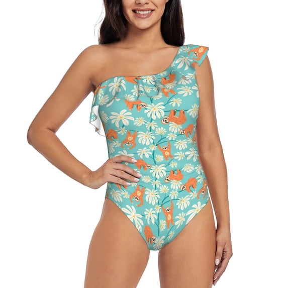 Gaeub Cute Sloth on Floral Tree Women's One Shoulder Ruffle Tummy Control Swimwear for Swimming Surfing Beach Party - Medium
