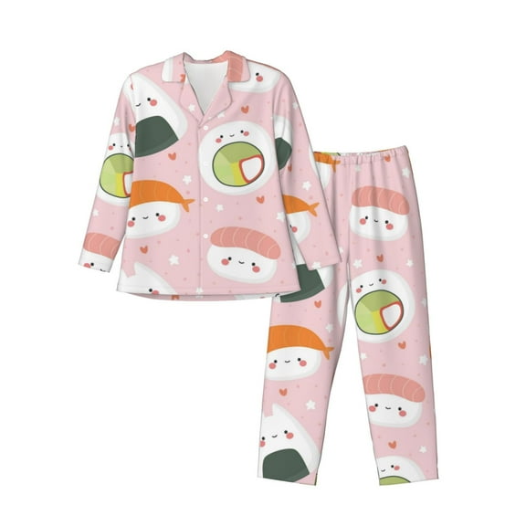 Gaeub Cute Sushi Print Mens Pajama Set, Long Sleeve Pajamas for men,Lightweight Button Up Sleepwear,Lounge Pjs Set with Pockets-Large