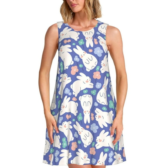 Gaeub Cute White Rabbit Print Women's Sleeveless Dresses,Beach Casual Tank Loose Sundress,A Line Beach Dresses with Pockets,Womens Summer Maxi Dress