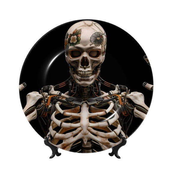 Gaeub Cyber Skeleton With Tattoos Print Ceramic Plate,Dinner Plates,Bone China Decorative Plates with Display Stand,Art Ceramic Ornaments for Wall Hanging Decoration-10in