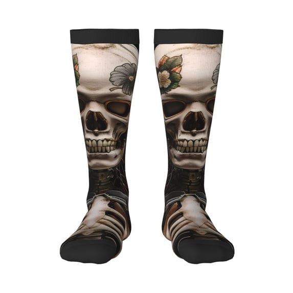 Gaeub Cyber Skeleton With Tattoos Printed Design Socks Stretchy High Tube Socks for Men Women Teens , Softball Soccer Socks for Hiking, Sport
