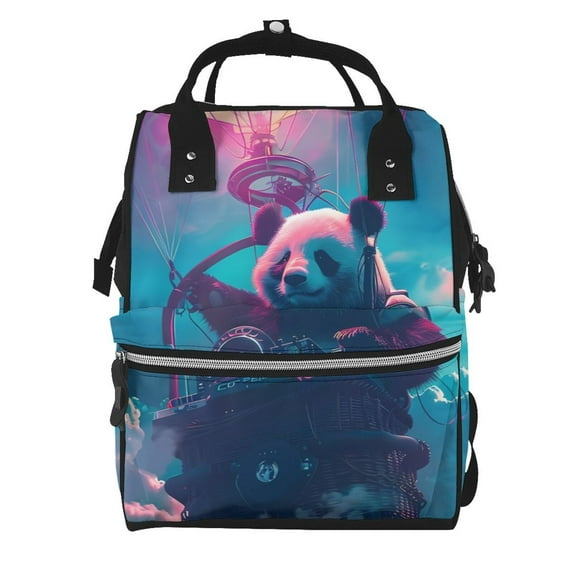 Gaeub DJ Panda Hot Air Balloon Print Mummy Diaper Bag Backpack,Durable Maternity Baby Nappy Casual Shoulder Bags,Travel Hiking Outdoor Pack