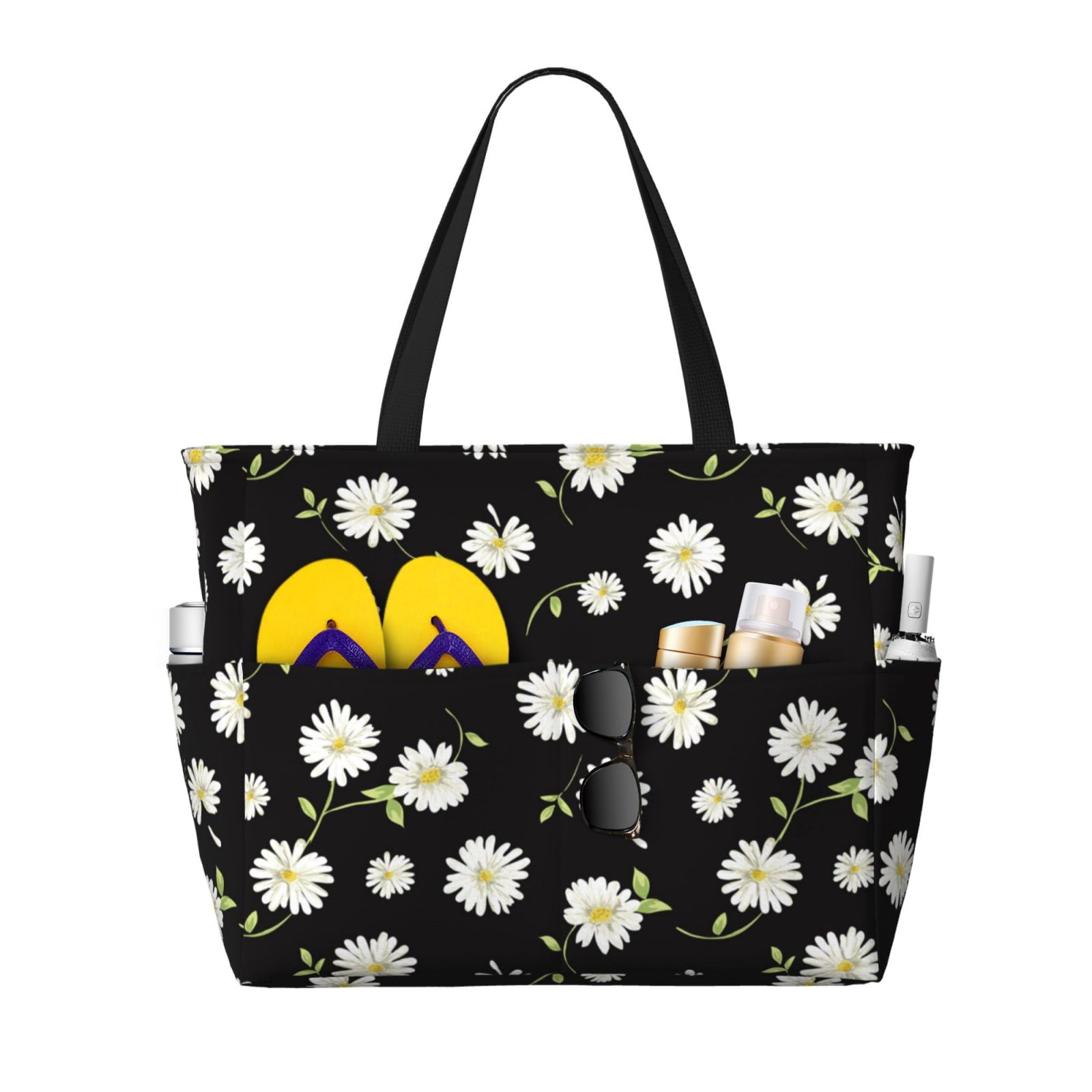 GINBL Large Canvas Floral Tote Bag For Women - Zippered Beach Bag With Rope Handles For Travel And Shopping - View #2