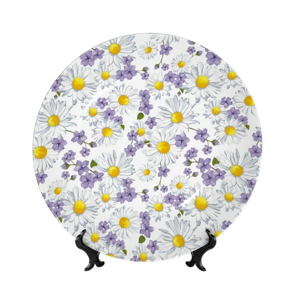 Gaeub Daisies Flowers Print Ceramic Plate,Dinner Plates,Bone China Decorative Plates with Display Stand,Art Ceramic Ornaments for Wall Hanging Decoration-6in