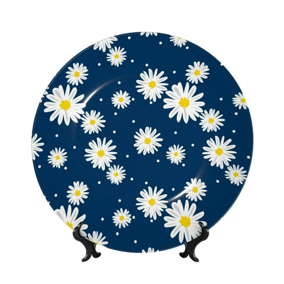 Gaeub Daisies Flowers Print Ceramic Plate,Dinner Plates,Bone China Decorative Plates with Display Stand,Art Ceramic Ornaments for Wall Hanging Decoration-7in