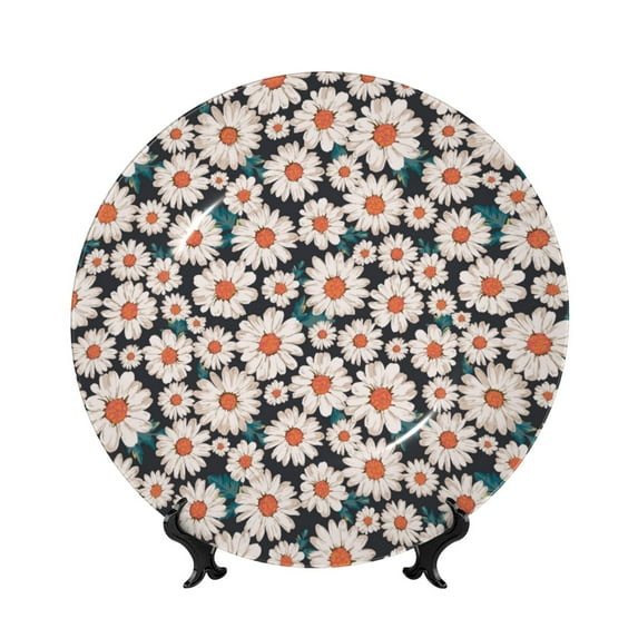 Gaeub Daisies Flowers Print Ceramic Plate,Dinner Plates,Bone China Decorative Plates with Display Stand,Art Ceramic Ornaments for Wall Hanging Decoration-8in
