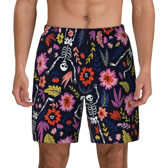 Gaeub Dancing Skeletons Floral Garden Mens Swim Trunks Stretch Beach Shorts Quick Dry for Men Swim Shorts Swimwear with Pockets- XX-Large