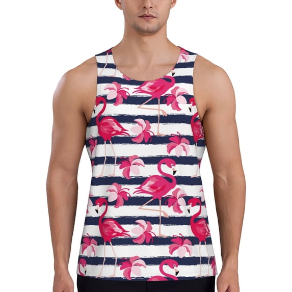 Gaeub Dark Blue Stripes and Flamingos Men's Athletic Tank Top, Workout Sleeveless Shirts, Running Tank Tops for Gym, Running, Training - Small