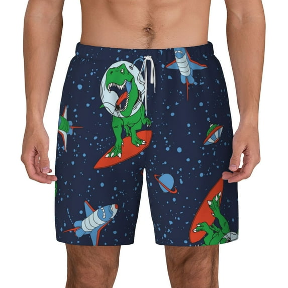 Gaeub Dinosaur Astronaut Space Surfing Mens Swim Trunks Stretch Beach Shorts Quick Dry for Men Swim Shorts Swimwear with Pockets- 3X-Large