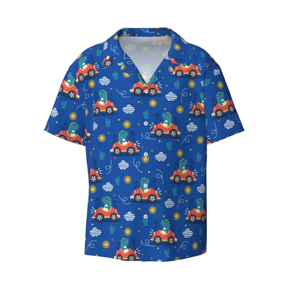 Gaeub Dinosaur Driving Men's Lapel Short Sleeve Shirt, Relaxed Fit Shirt, Soft and Breathable for Outdoors Party Travel - Large