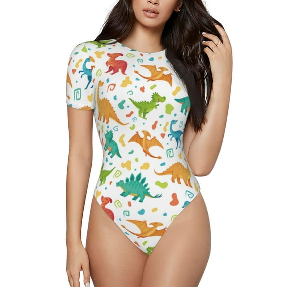 Gaeub Dinosaur Print Women's Short Sleeve One Piece Swimsuit Sexy High-Waisted Bodysuit Bathing Suit for Swimming, Beach, Sports-Small