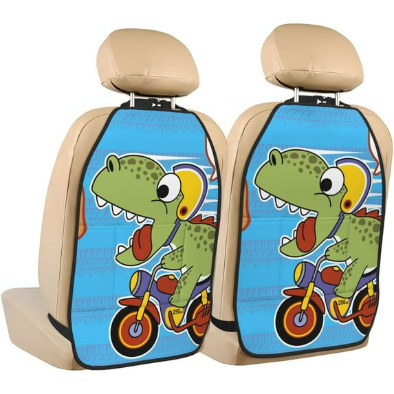Gaeub Dinosaur Riding a Motorcycle Print Anti-Kick Storage Mat for Car Seats 2 Pcs, Car Kick Mats with 3 Pocket Protector, Essential Car Seat Protector for Child Car Seat,Car Seat Protector