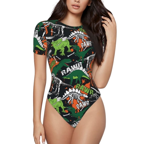 Gaeub Dinosaur Skeleton Women'S Short Sleeve One Piece Swimsuit Sexy High-Waisted Bodysuit For Swimming, Beach, Sports - X-Large