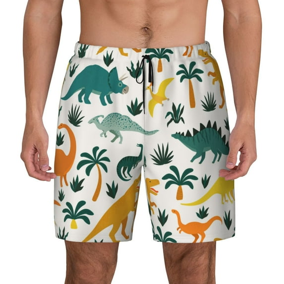Gaeub Dinosaurs and Tropical Leaves Mens Swim Trunks Stretch Beach Shorts Quick Dry for Men Swim Shorts Swimwear with Pockets- XX-Large