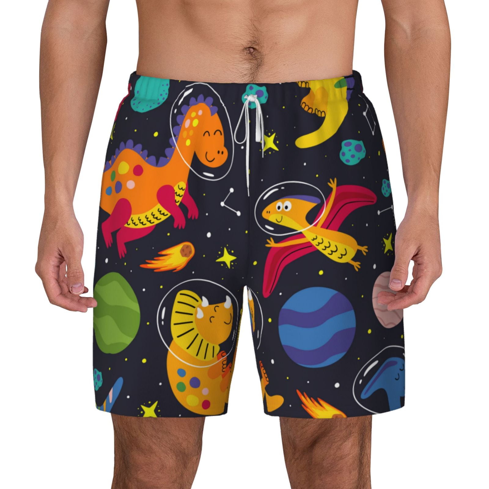 Gaeub Dinosaurs in Space Mens Swim Trunks Stretch Beach Shorts Quick