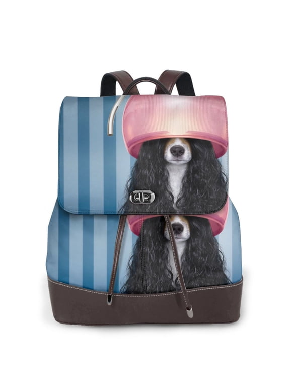 Dog in Hairdresser Print Women's Leather Backpack,Travel Laptop Backpack,Fashion Ladies Leather Backpack Bag for Travel,Leather Drawstring Daypack for Me