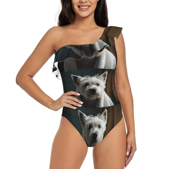 Gaeub Dog Wrapped in Towel 1 Women's One Shoulder Ruffle Tummy Control Swimwear for Swimming Surfing Beach Party - Small
