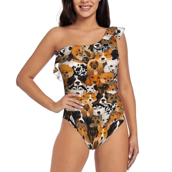 Gaeub Dogs Different Breeds Women's One Shoulder Ruffle Tummy Control Swimwear for Swimming Surfing Beach Party - Large