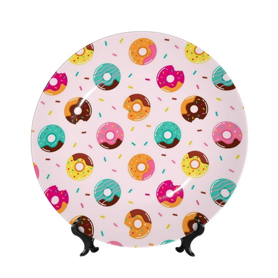 Gaeub Donut Print Ceramic Plate,Dinner Plates,Bone China Decorative Plates with Display Stand,Art Ceramic Ornaments for Wall Hanging Decoration-10in