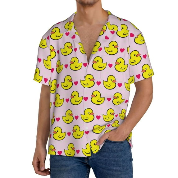 Gaeub Ducks And Pink Heart Men's Lapel Short Sleeve Shirt,Cuban Shirts For Men,Short Sleeve Button Down Men, Soft and Breathable for Outdoors Party Travel-X-Large