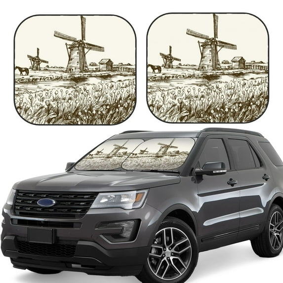 Gaeub Dutch Windmill Print 2-Piece Windshield Sun Shade,Foldable Car Front Window Sunshade,for Most Cars SUV Truck,Heat Blocker Visor Protector-Medium